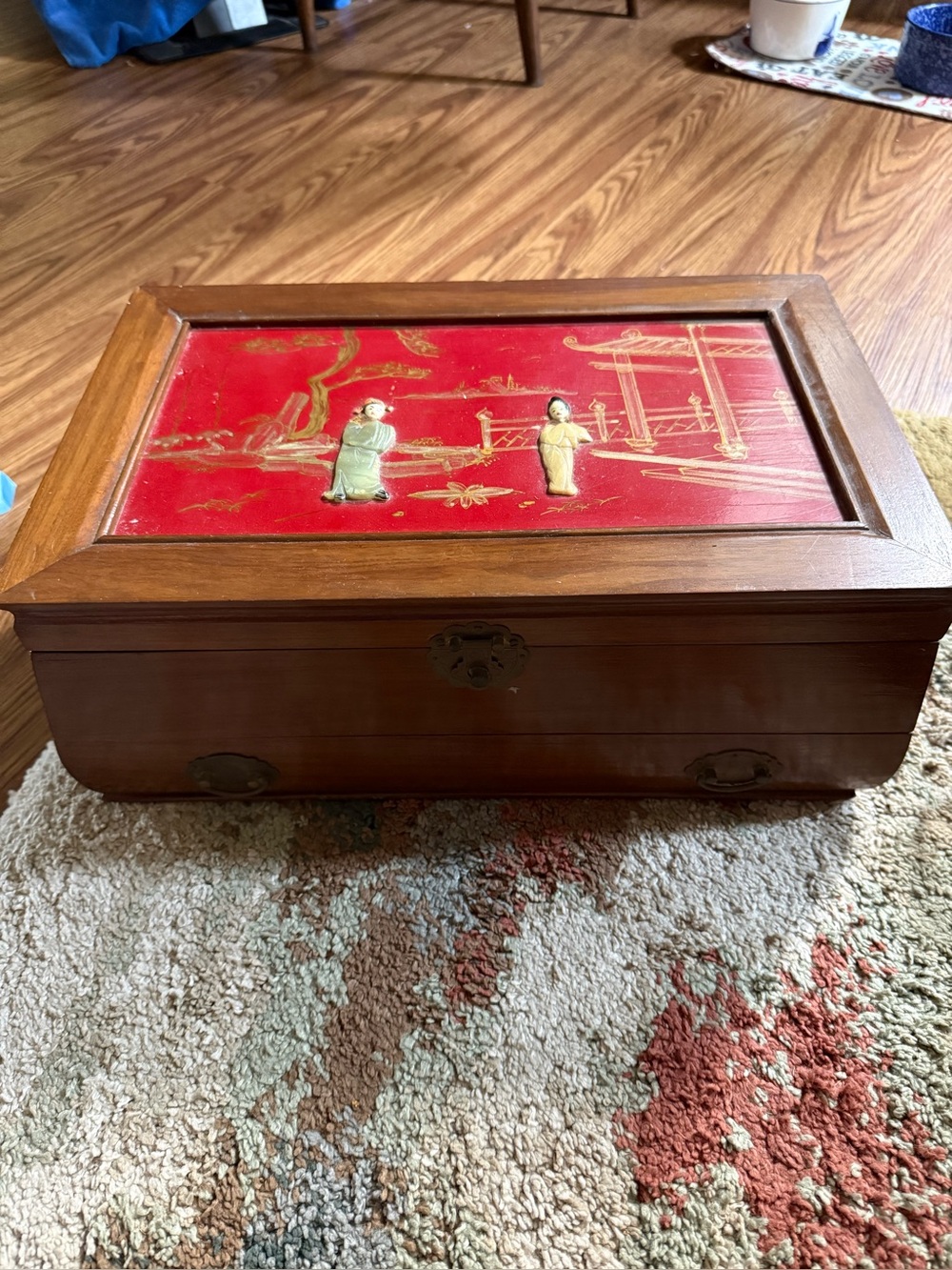 Vintage Wooden Jewelry Box with Red Asian-Inspired Inlay